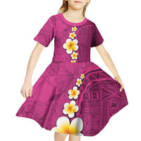 Polynesian Hibiscus and Plumeria with Tapa Pattern Kid Short Sleeve Dress Pink Color