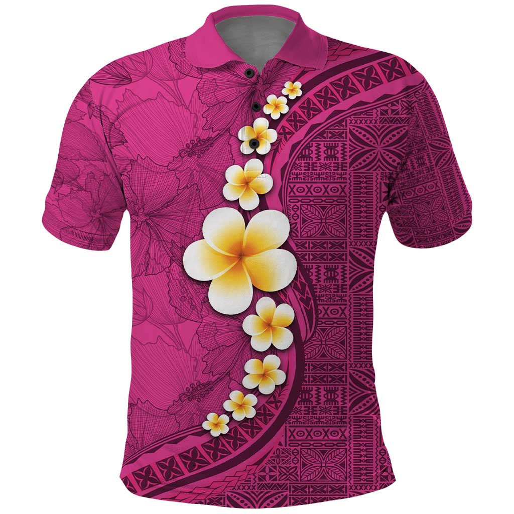 Polynesian Hibiscus and Plumeria with Tapa Pattern Polo Shirt Pink Color