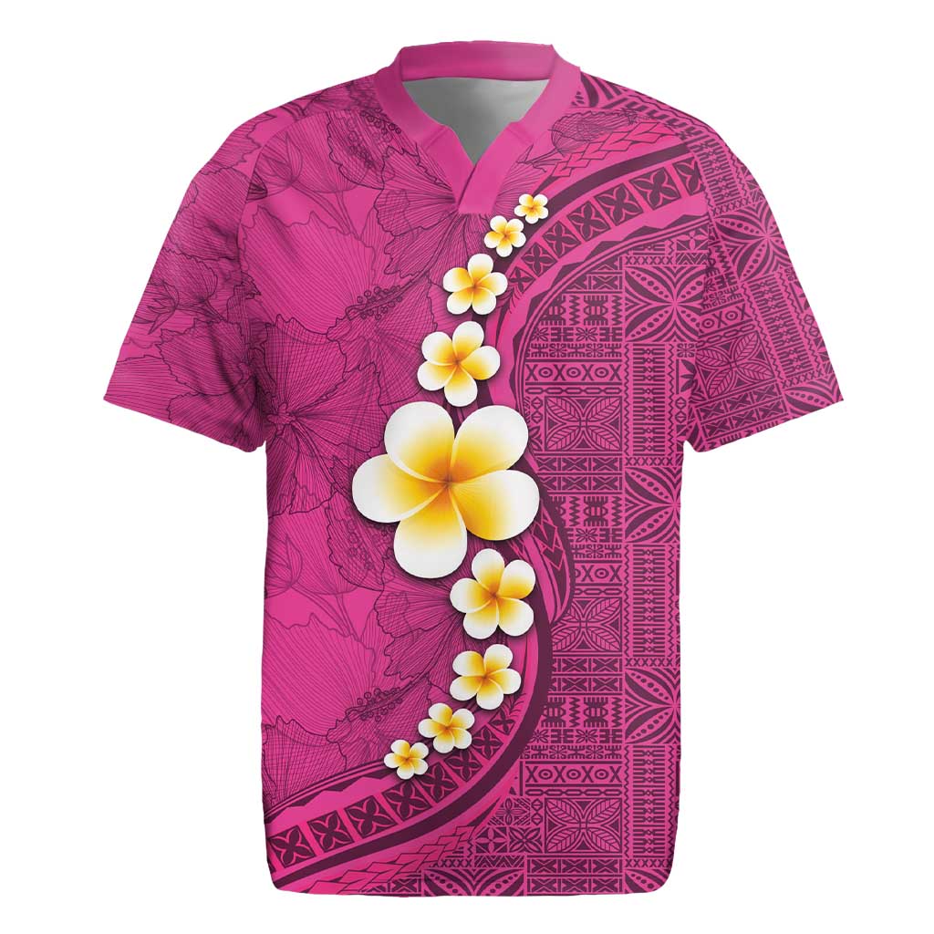 Polynesian Hibiscus and Plumeria with Tapa Pattern Rugby Jersey Pink Color