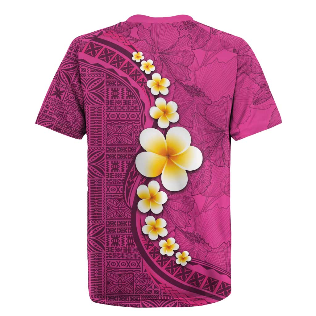 Polynesian Hibiscus and Plumeria with Tapa Pattern Rugby Jersey Pink Color