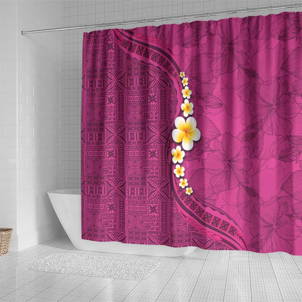 Polynesian Hibiscus and Plumeria with Tapa Pattern Shower Curtain Pink Color