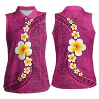 Polynesian Hibiscus and Plumeria with Tapa Pattern Women Sleeveless Polo Shirt Pink Color