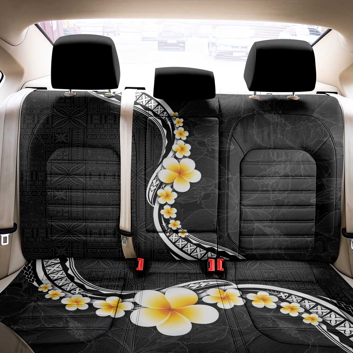 Pacific Hibiscus and Plumeria with Tapa Pattern Back Car Seat Cover Black Color