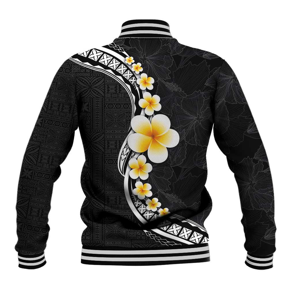 Pacific Hibiscus and Plumeria with Tapa Pattern Baseball Jacket Black Color