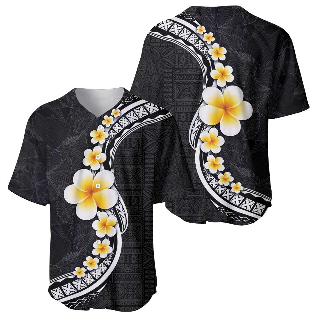 Pacific Hibiscus and Plumeria with Tapa Pattern Baseball Jersey Black Color