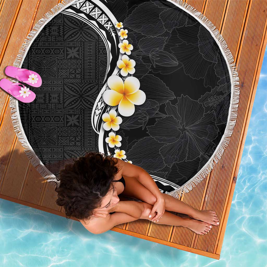 Pacific Hibiscus and Plumeria with Tapa Pattern Beach Blanket Black Color