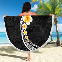 Pacific Hibiscus and Plumeria with Tapa Pattern Beach Blanket Black Color