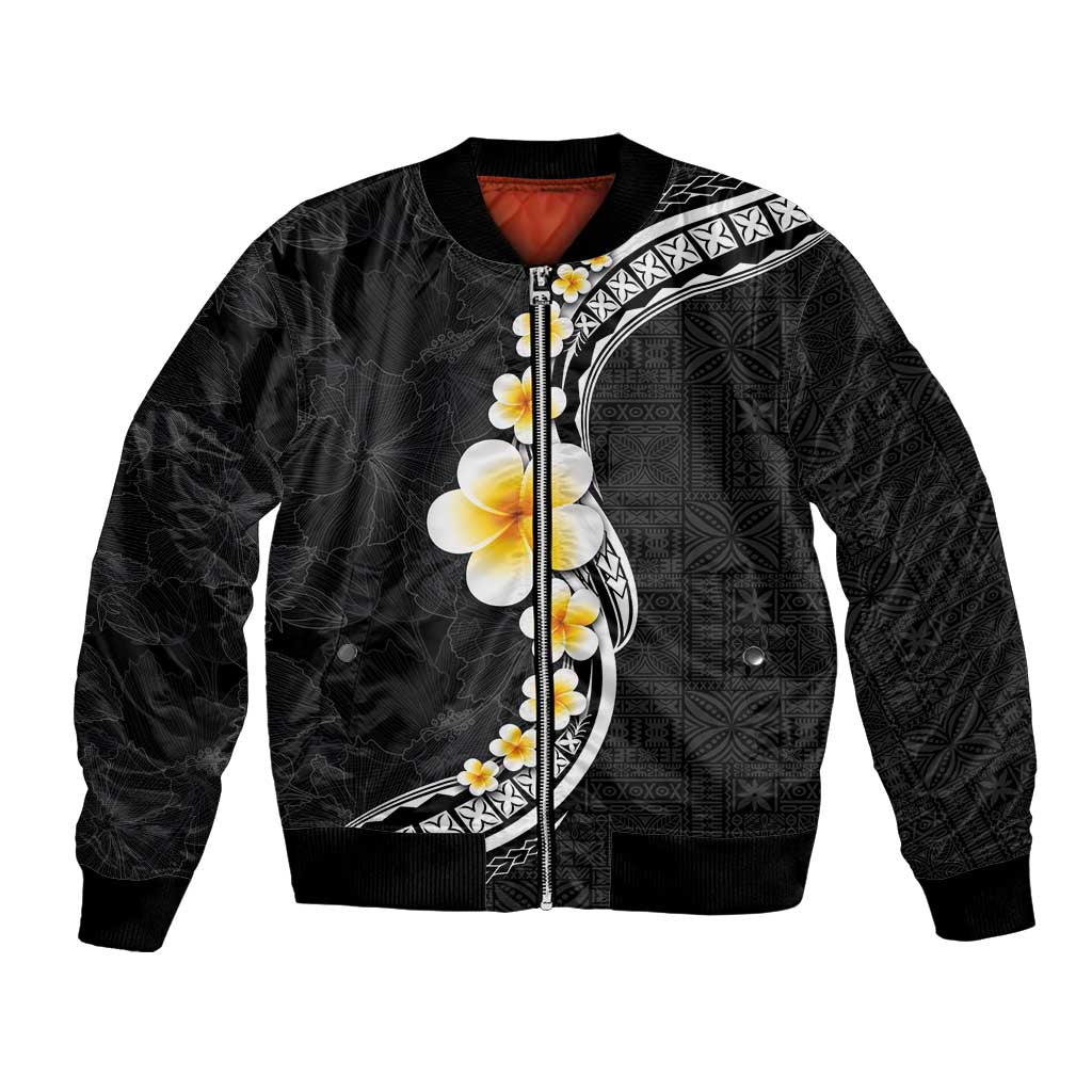 Pacific Hibiscus and Plumeria with Tapa Pattern Bomber Jacket Black Color