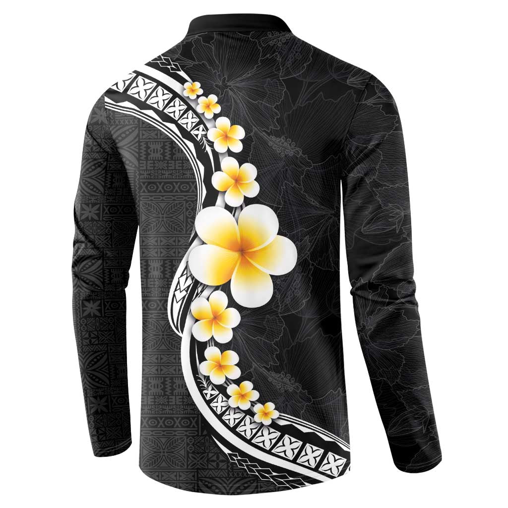 Pacific Hibiscus and Plumeria with Tapa Pattern Button Sweatshirt Black Color