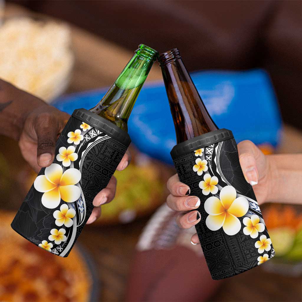 Pacific Hibiscus and Plumeria with Tapa Pattern 4 in 1 Can Cooler Tumbler Black Color