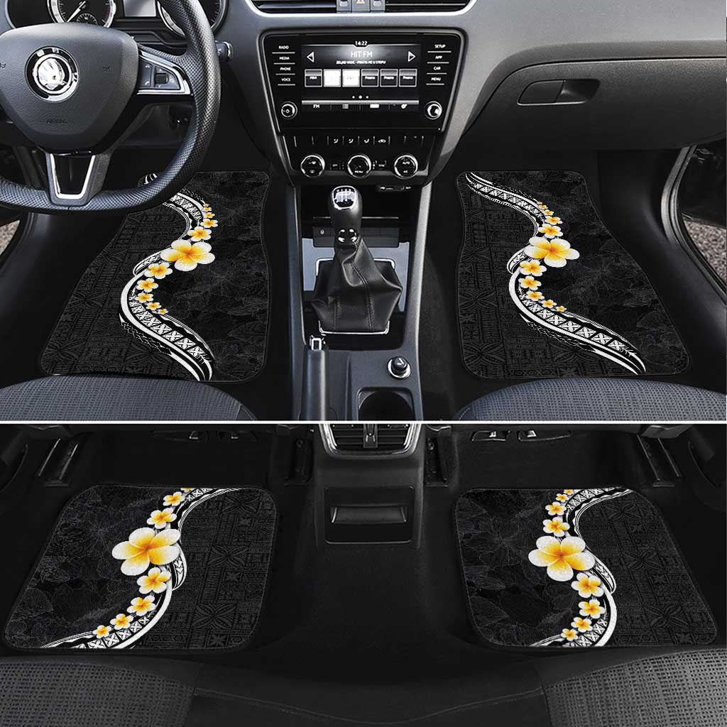 Pacific Hibiscus and Plumeria with Tapa Pattern Car Mats Black Color