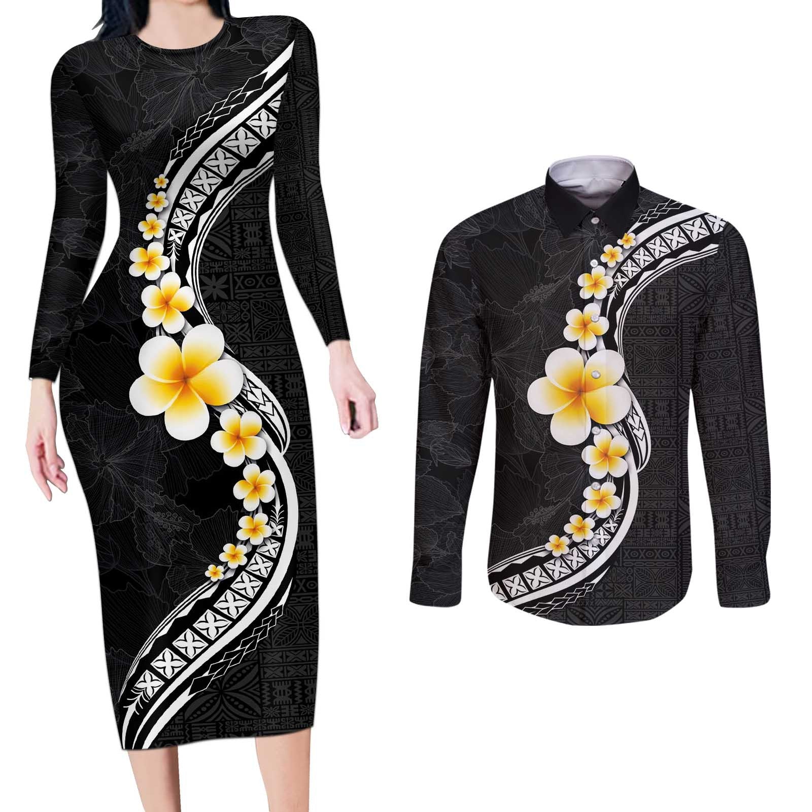 Pacific Hibiscus and Plumeria with Tapa Pattern Couples Matching Long Sleeve Bodycon Dress and Long Sleeve Button Shirt Black Color LT03 Black - Polynesian Pride
