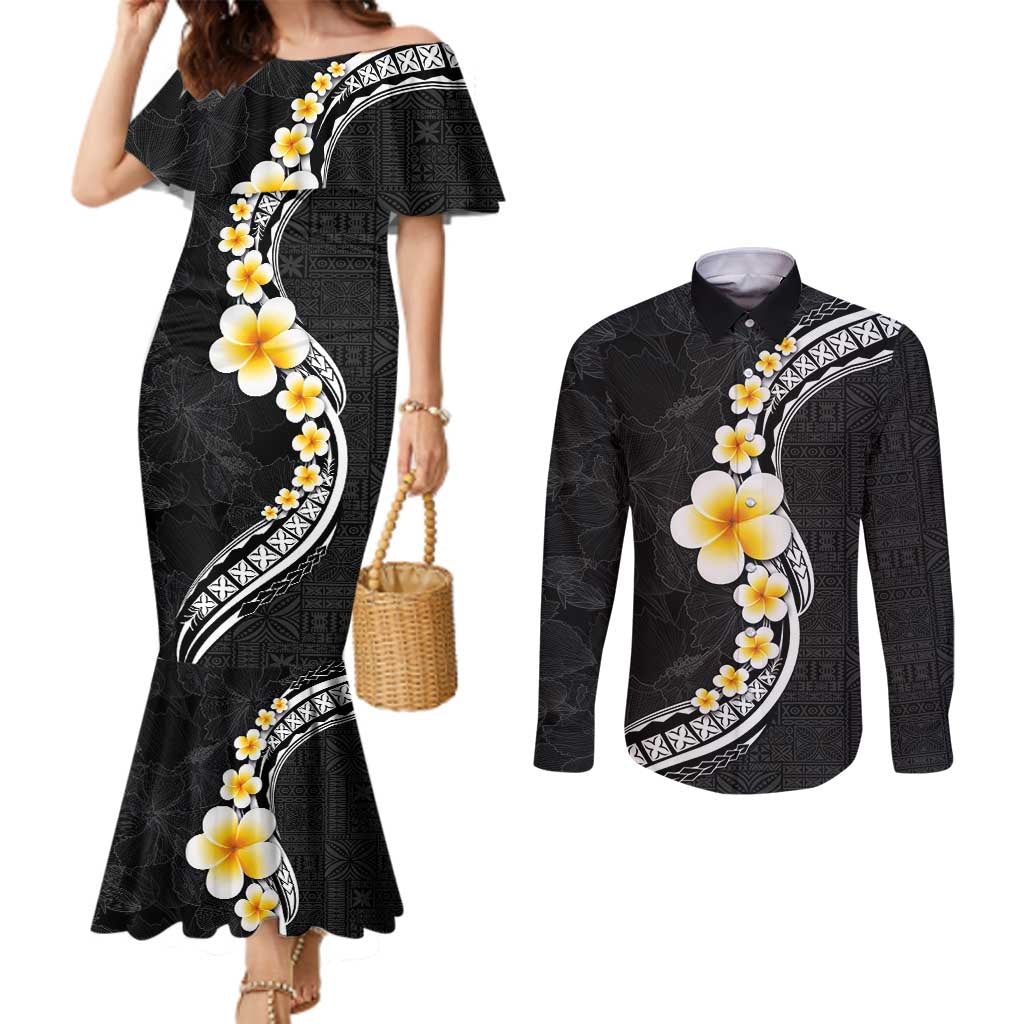 Pacific Hibiscus and Plumeria with Tapa Pattern Couples Matching Mermaid Dress and Long Sleeve Button Shirt Black Color LT03 Black - Polynesian Pride