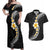 Pacific Hibiscus and Plumeria with Tapa Pattern Couples Matching Off Shoulder Maxi Dress and Hawaiian Shirt Black Color