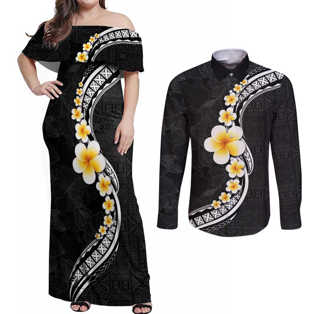 Pacific Hibiscus and Plumeria with Tapa Pattern Couples Matching Off Shoulder Maxi Dress and Long Sleeve Button Shirt Black Color LT03 Black - Polynesian Pride