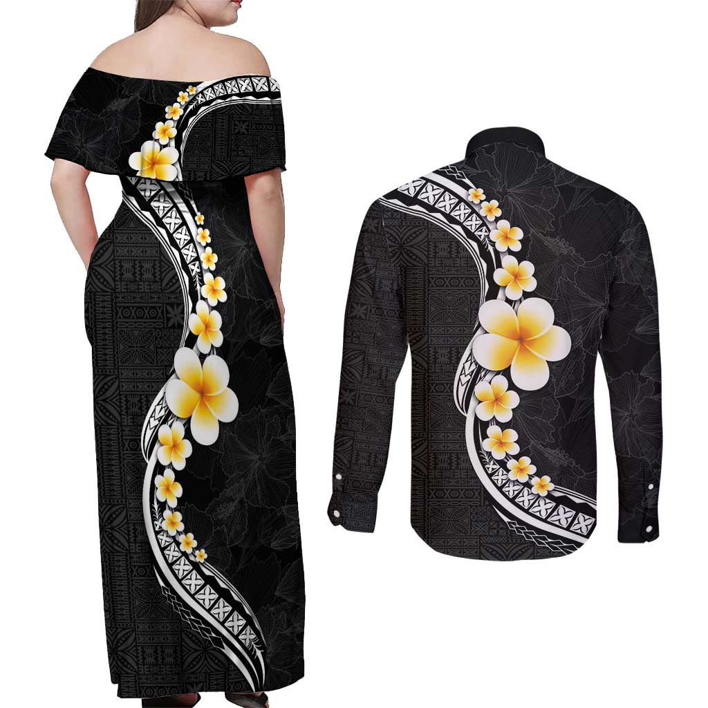Pacific Hibiscus and Plumeria with Tapa Pattern Couples Matching Off Shoulder Maxi Dress and Long Sleeve Button Shirt Black Color