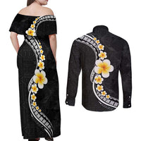 Pacific Hibiscus and Plumeria with Tapa Pattern Couples Matching Off Shoulder Maxi Dress and Long Sleeve Button Shirt Black Color