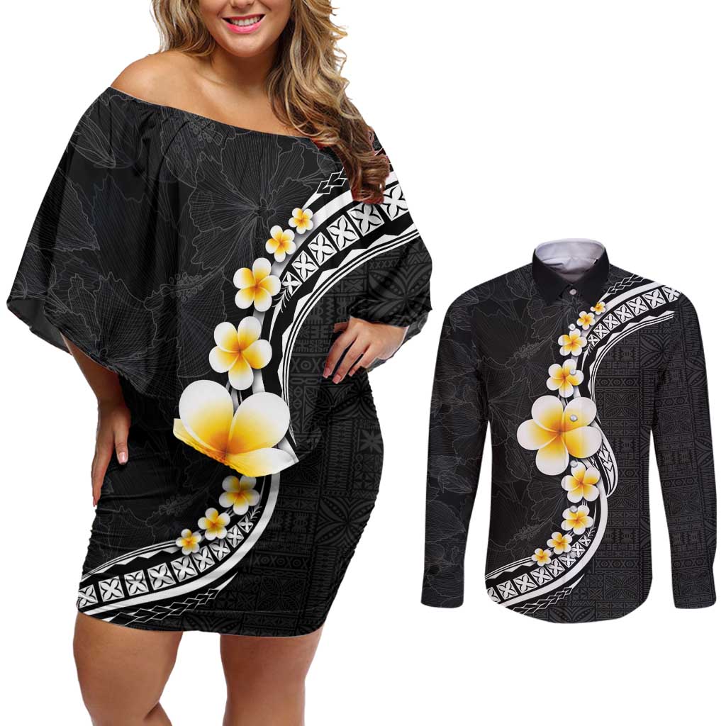 Pacific Hibiscus and Plumeria with Tapa Pattern Couples Matching Off Shoulder Short Dress and Long Sleeve Button Shirt Black Color LT03 Black - Polynesian Pride