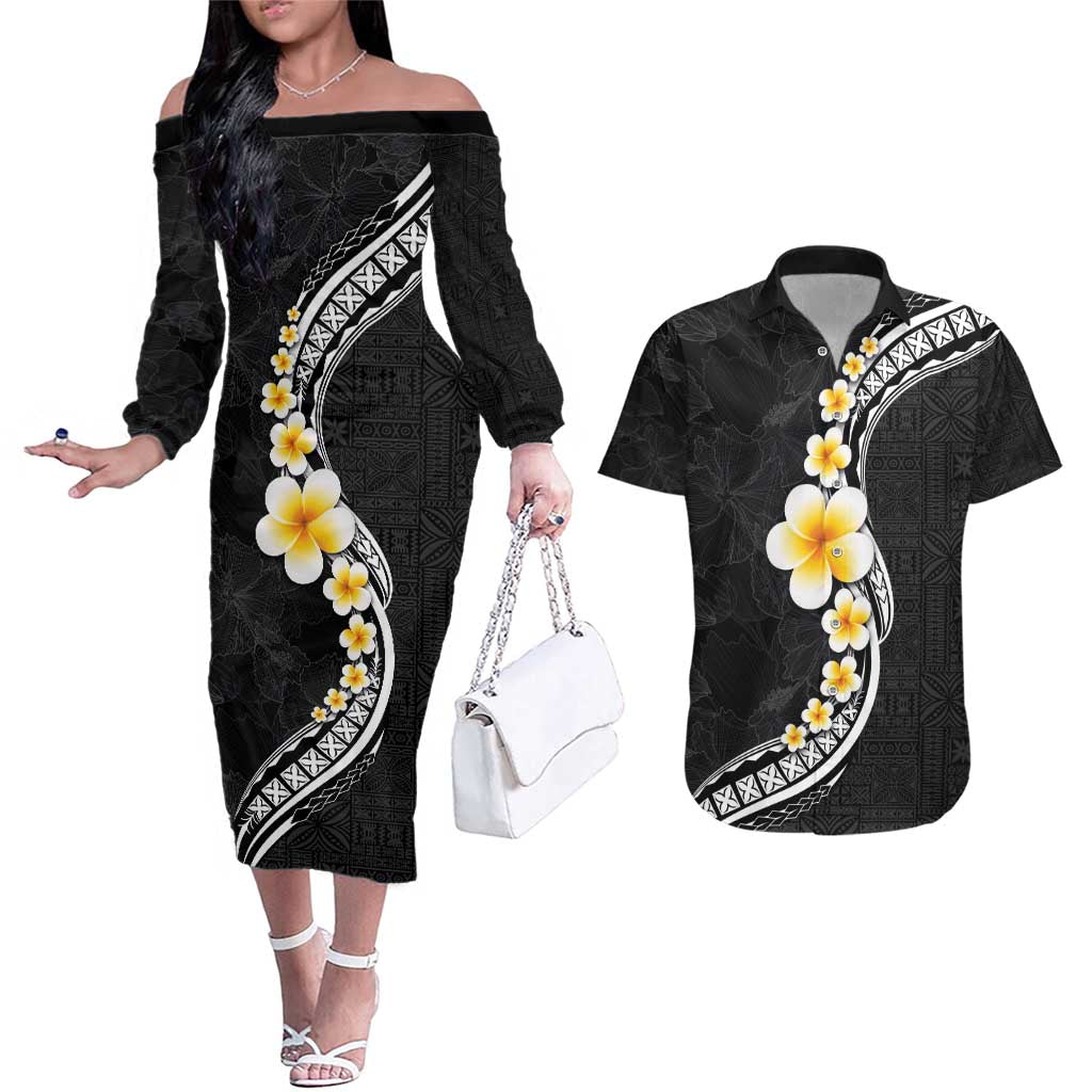 Pacific Hibiscus and Plumeria with Tapa Pattern Couples Matching Off The Shoulder Long Sleeve Dress and Hawaiian Shirt Black Color