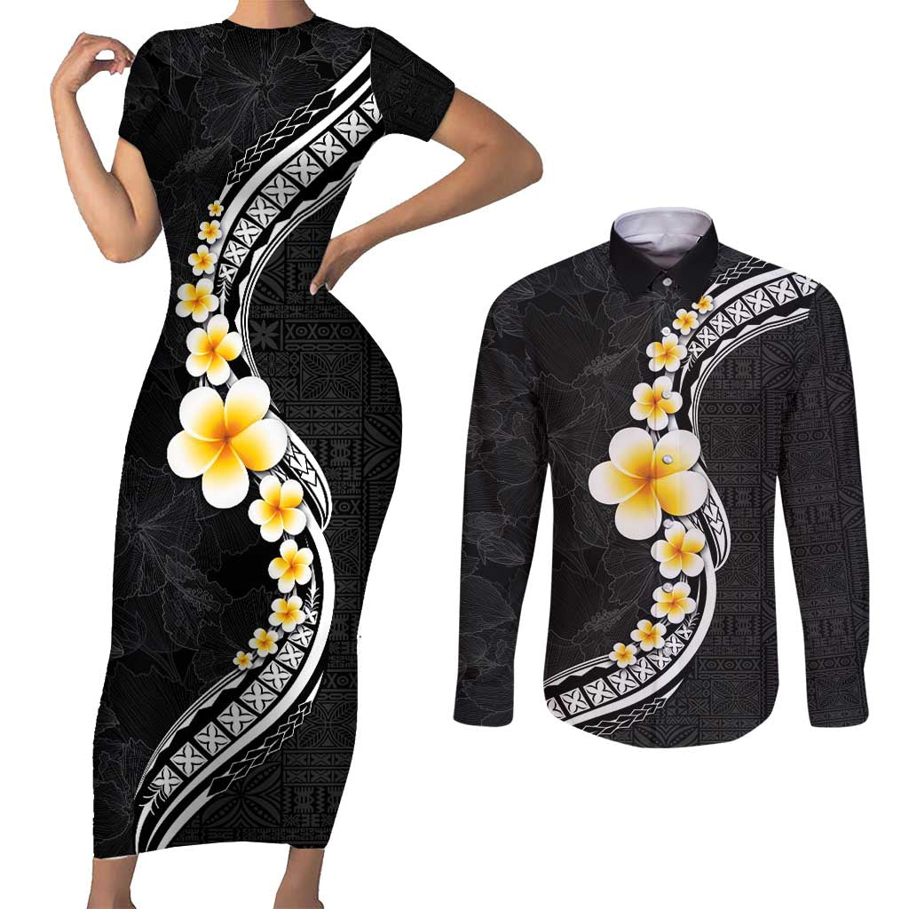 Pacific Hibiscus and Plumeria with Tapa Pattern Couples Matching Short Sleeve Bodycon Dress and Long Sleeve Button Shirt Black Color LT03 Black - Polynesian Pride