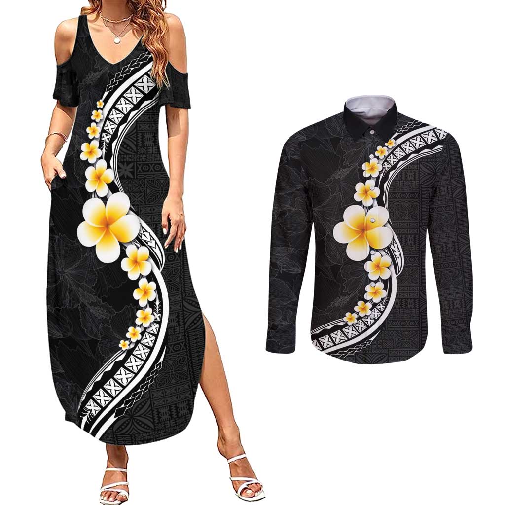 Pacific Hibiscus and Plumeria with Tapa Pattern Couples Matching Summer Maxi Dress and Long Sleeve Button Shirt Black Color LT03 Black - Polynesian Pride