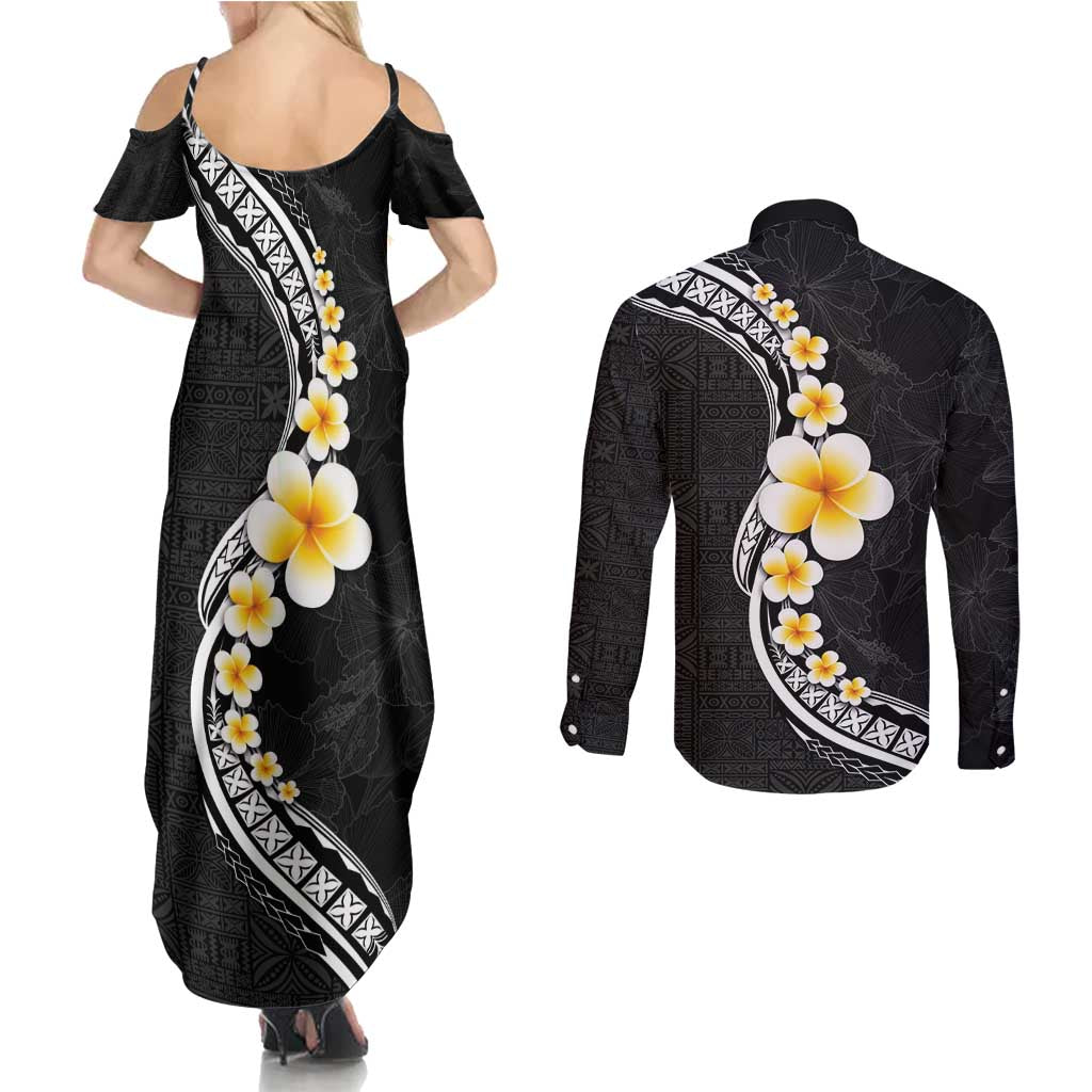 Pacific Hibiscus and Plumeria with Tapa Pattern Couples Matching Summer Maxi Dress and Long Sleeve Button Shirt Black Color