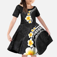Pacific Hibiscus and Plumeria with Tapa Pattern Family Matching Long Sleeve Bodycon Dress and Hawaiian Shirt Black Color LT03 Daughter's Dress Black - Polynesian Pride