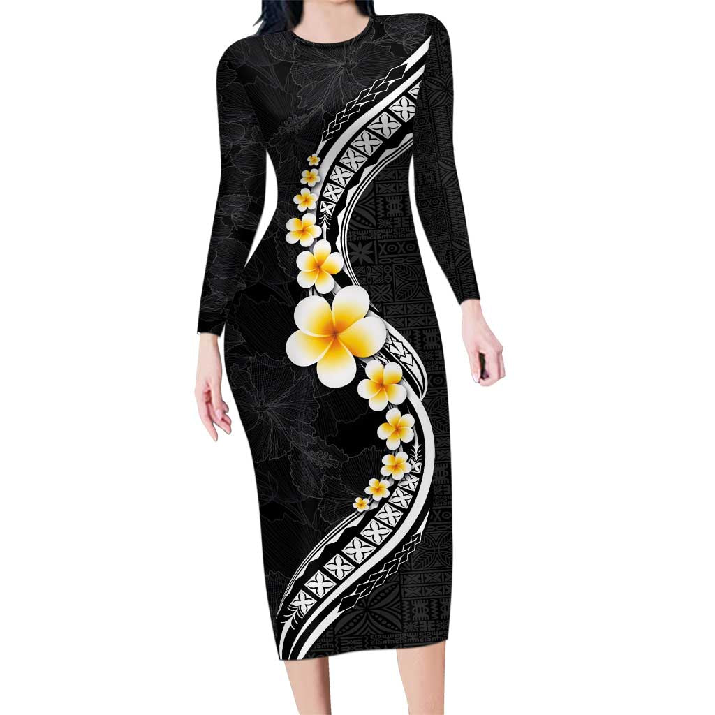 Pacific Hibiscus and Plumeria with Tapa Pattern Family Matching Long Sleeve Bodycon Dress and Hawaiian Shirt Black Color LT03 Mom's Dress Black - Polynesian Pride
