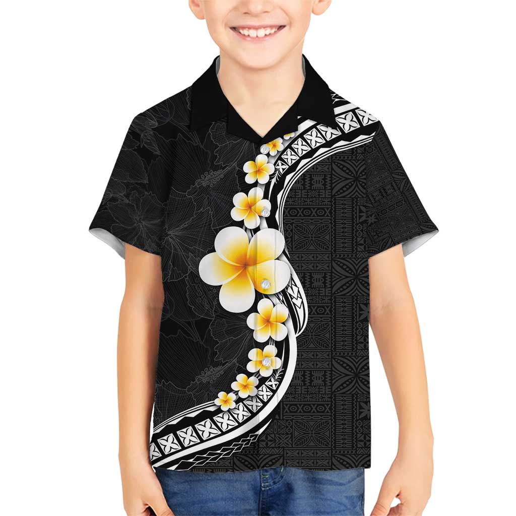 Pacific Hibiscus and Plumeria with Tapa Pattern Family Matching Long Sleeve Bodycon Dress and Hawaiian Shirt Black Color LT03 Son's Shirt Black - Polynesian Pride