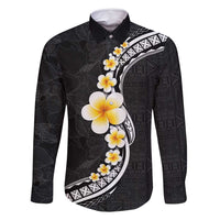 Pacific Hibiscus and Plumeria with Tapa Pattern Family Matching Mermaid Dress and Hawaiian Shirt Black Color LT03 Dad's Shirt - Long Sleeve Black - Polynesian Pride