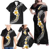 Pacific Hibiscus and Plumeria with Tapa Pattern Family Matching Off Shoulder Maxi Dress and Hawaiian Shirt Black Color LT03 - Polynesian Pride