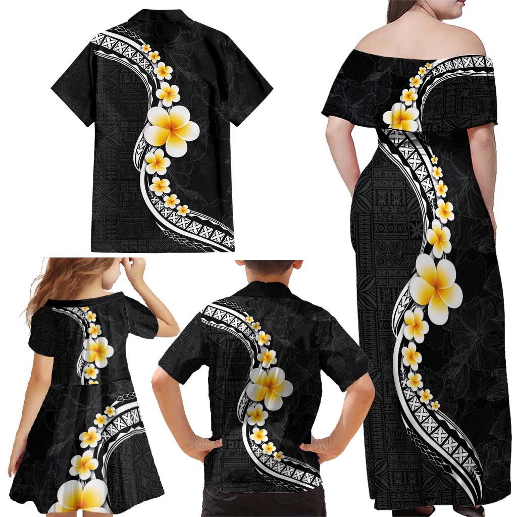 Pacific Hibiscus and Plumeria with Tapa Pattern Family Matching Off Shoulder Maxi Dress and Hawaiian Shirt Black Color LT03 - Polynesian Pride