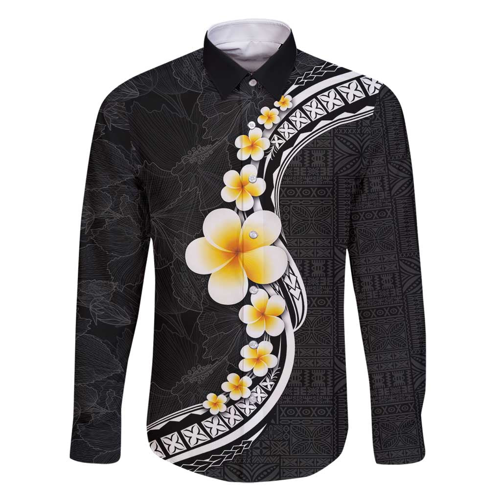 Pacific Hibiscus and Plumeria with Tapa Pattern Family Matching Off Shoulder Maxi Dress and Hawaiian Shirt Black Color LT03 Dad's Shirt - Long Sleeve Black - Polynesian Pride