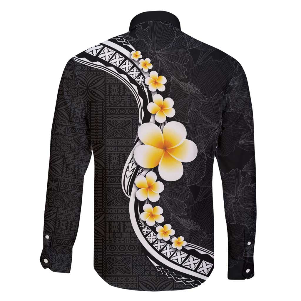 Pacific Hibiscus and Plumeria with Tapa Pattern Family Matching Off Shoulder Maxi Dress and Hawaiian Shirt Black Color LT03 - Polynesian Pride