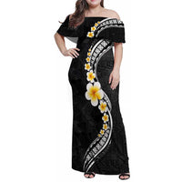 Pacific Hibiscus and Plumeria with Tapa Pattern Family Matching Off Shoulder Maxi Dress and Hawaiian Shirt Black Color LT03 Mom's Dress Black - Polynesian Pride