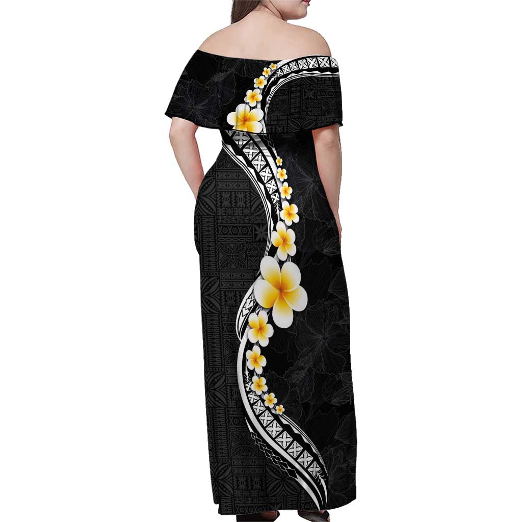 Pacific Hibiscus and Plumeria with Tapa Pattern Family Matching Off Shoulder Maxi Dress and Hawaiian Shirt Black Color LT03 - Polynesian Pride