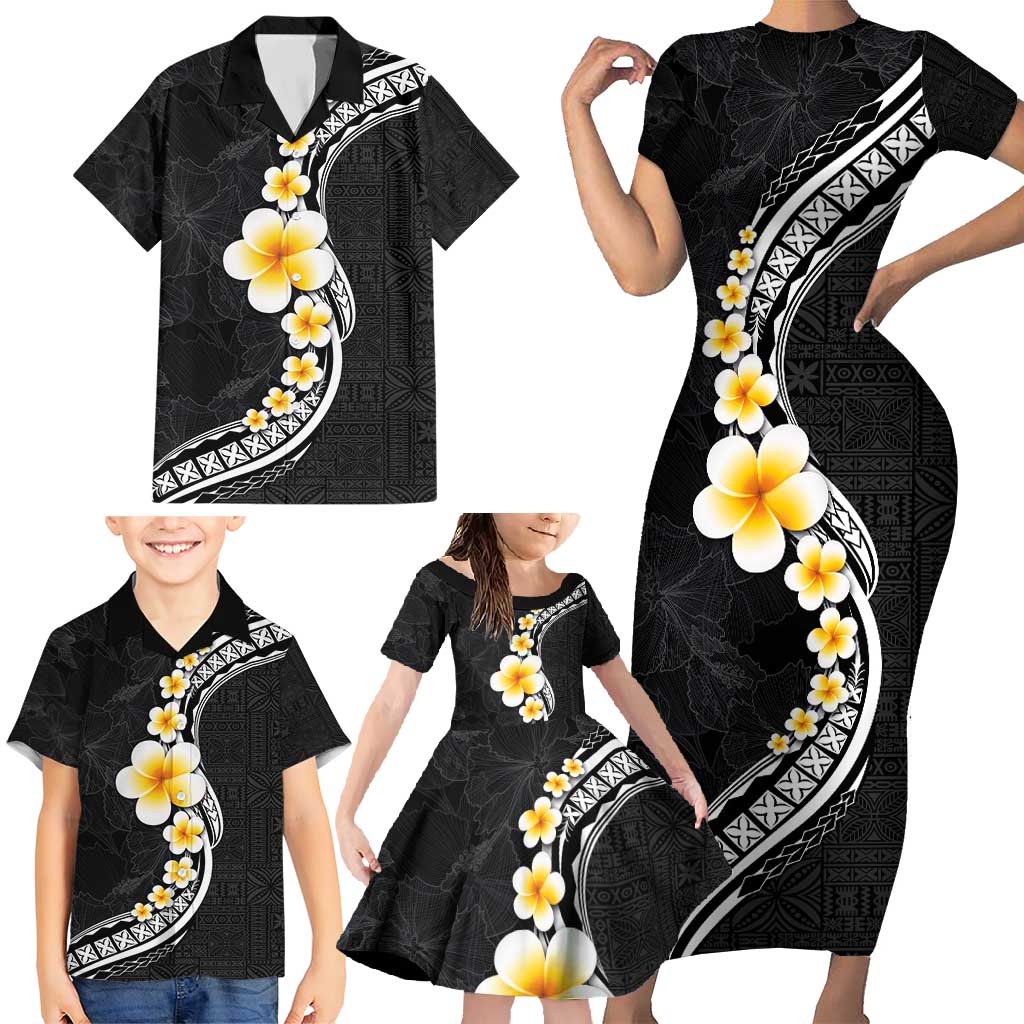 Pacific Hibiscus and Plumeria with Tapa Pattern Family Matching Short Sleeve Bodycon Dress and Hawaiian Shirt Black Color LT03 - Polynesian Pride