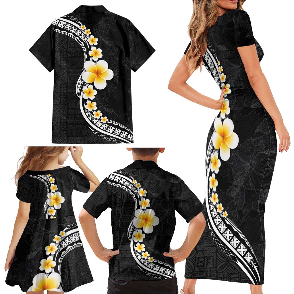 Pacific Hibiscus and Plumeria with Tapa Pattern Family Matching Short Sleeve Bodycon Dress and Hawaiian Shirt Black Color LT03 - Polynesian Pride