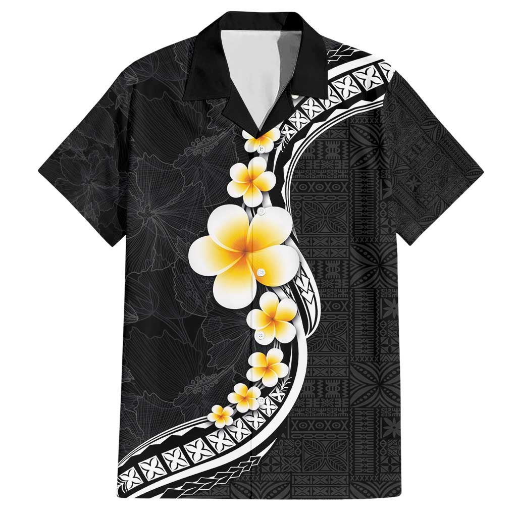 Pacific Hibiscus and Plumeria with Tapa Pattern Family Matching Short Sleeve Bodycon Dress and Hawaiian Shirt Black Color LT03 Dad's Shirt - Short Sleeve Black - Polynesian Pride