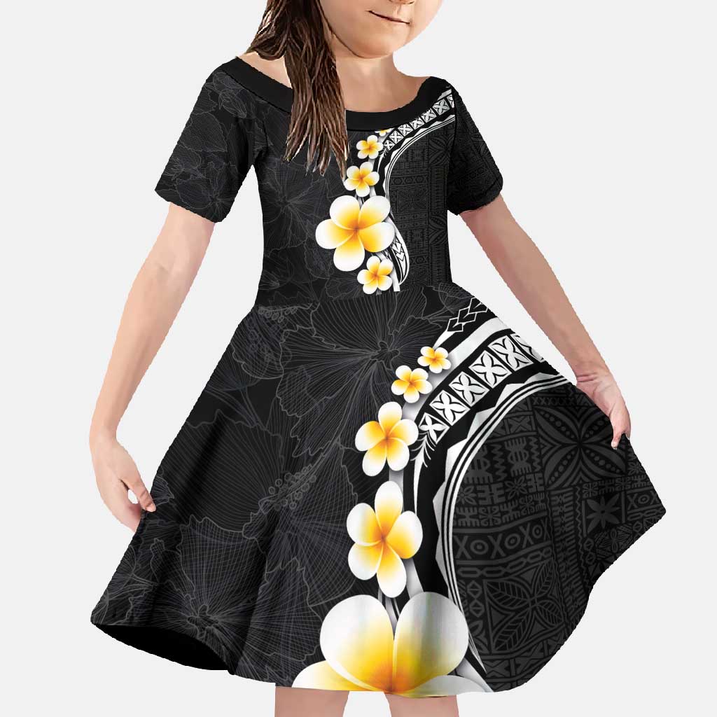 Pacific Hibiscus and Plumeria with Tapa Pattern Family Matching Tank Maxi Dress and Hawaiian Shirt Black Color