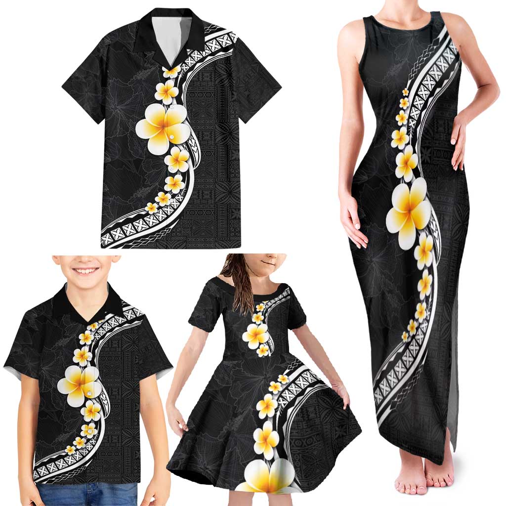 Pacific Hibiscus and Plumeria with Tapa Pattern Family Matching Tank Maxi Dress and Hawaiian Shirt Black Color