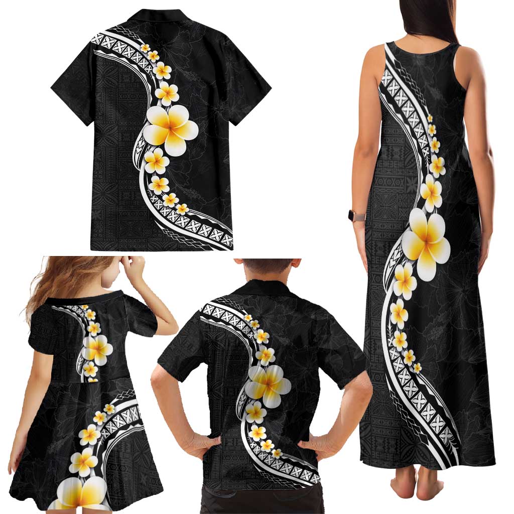 Pacific Hibiscus and Plumeria with Tapa Pattern Family Matching Tank Maxi Dress and Hawaiian Shirt Black Color
