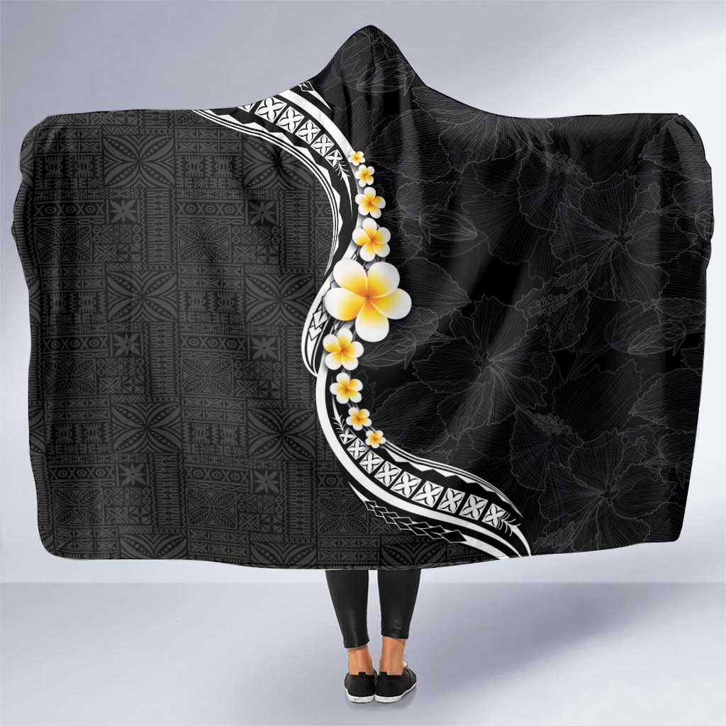 Pacific Hibiscus and Plumeria with Tapa Pattern Hooded Blanket Black Color