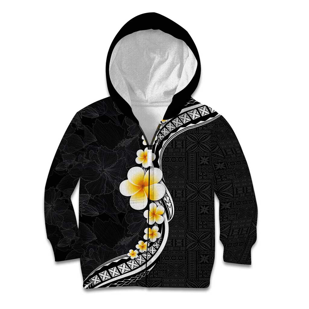 Pacific Hibiscus and Plumeria with Tapa Pattern Kid Hoodie Black Color