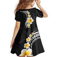Pacific Hibiscus and Plumeria with Tapa Pattern Kid Short Sleeve Dress Black Color