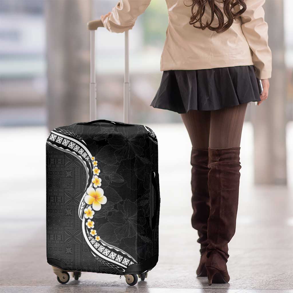 Pacific Hibiscus and Plumeria with Tapa Pattern Luggage Cover Black Color