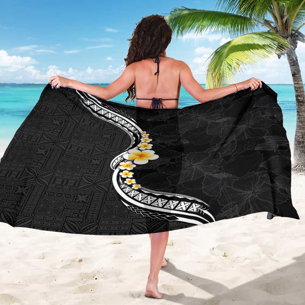 Pacific Hibiscus and Plumeria with Tapa Pattern Sarong Black Color