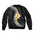 Pacific Hibiscus and Plumeria with Tapa Pattern Sleeve Zip Bomber Jacket Black Color