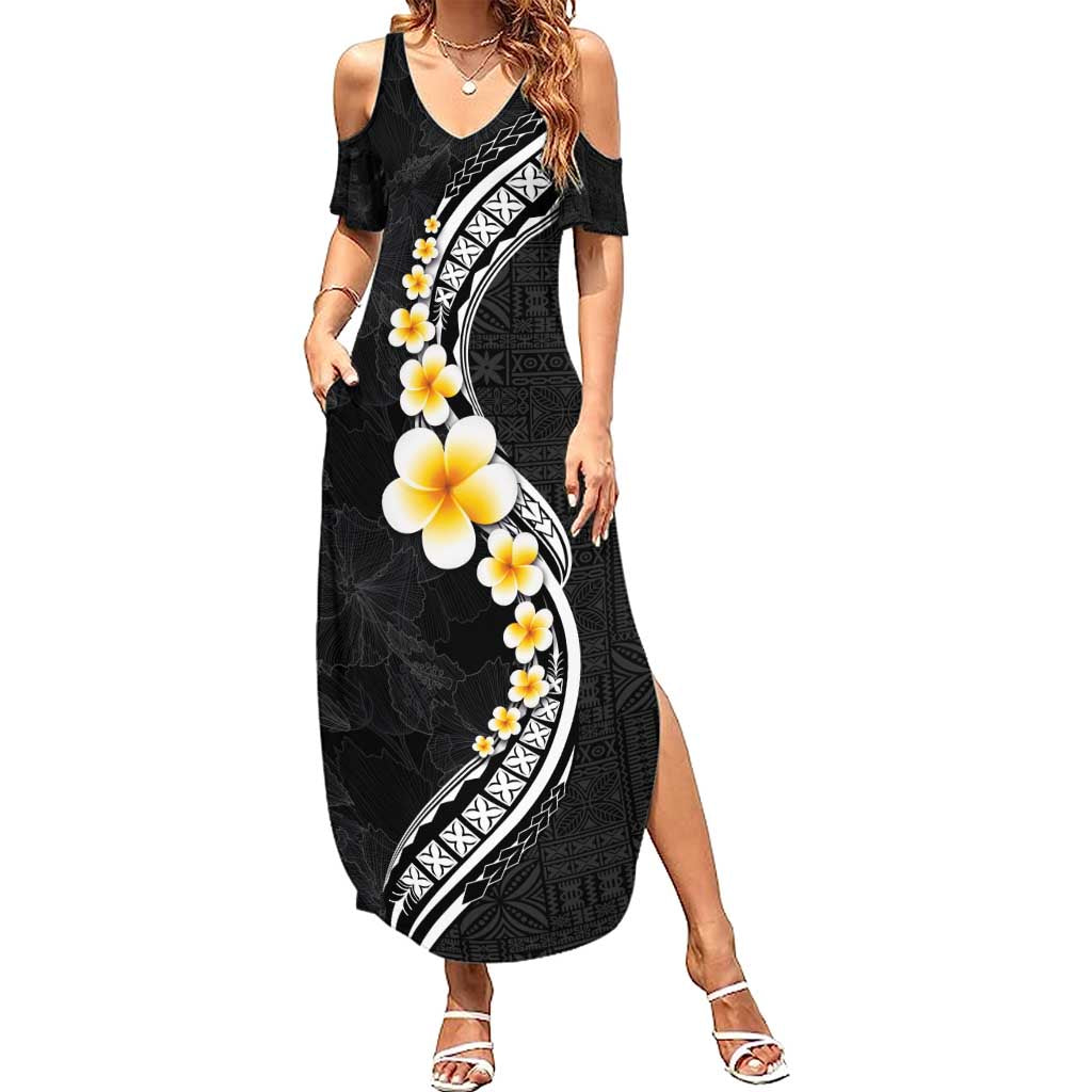 Pacific Hibiscus and Plumeria with Tapa Pattern Summer Maxi Dress Black Color