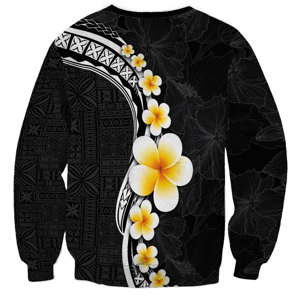 Pacific Hibiscus and Plumeria with Tapa Pattern Sweatshirt Black Color